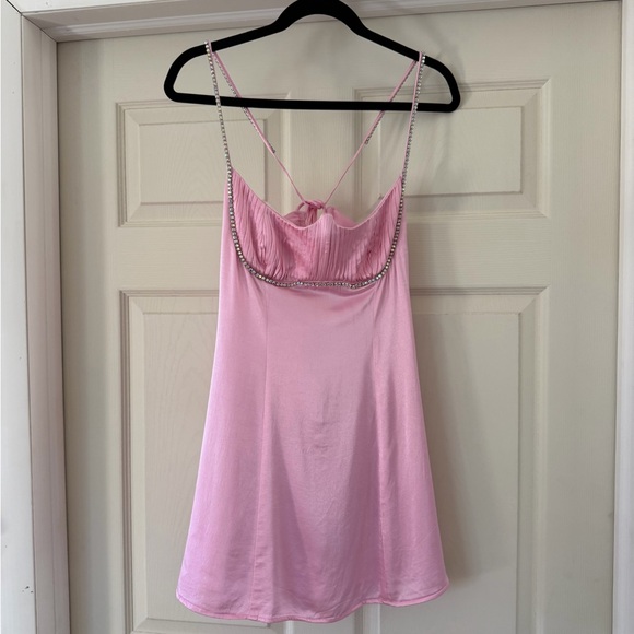 For Love And Lemons Pink Satin Slip with Rhinestone Trim - Picture 4 of 8